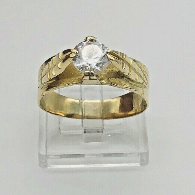 18K Yellow Gold Solitaire Cz Ring - Leaves Accent